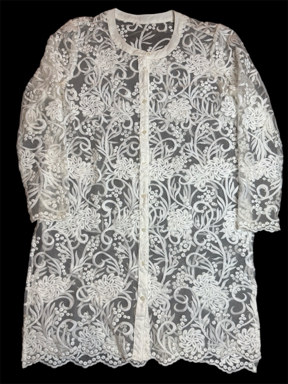 Women’s White Sheer Embroidered Lace Button-Front Cover-Up sz est M-L